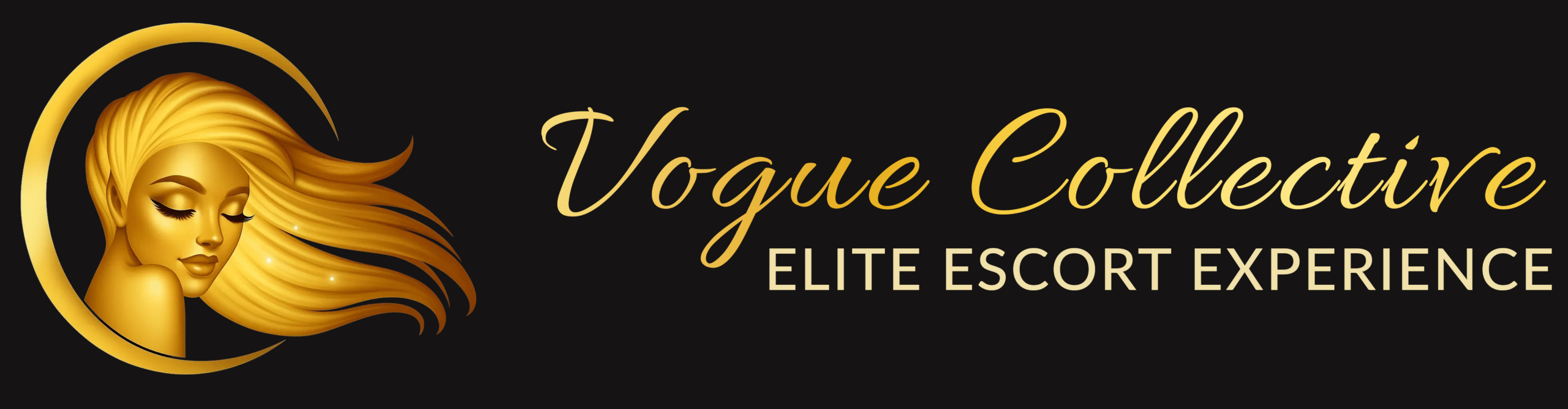 Logo for "Vogue Collective Elite Escort Experience" featuring a stylized golden woman’s face with flowing hair on a black background.