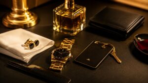 A gold wristwatch, cufflinks, wallet, cologne, comb, key with keycard, and a white handkerchief are arranged on a dark surface under warm lighting—reflecting the polished style and attention to escort etiquette Victoria BC is known for.