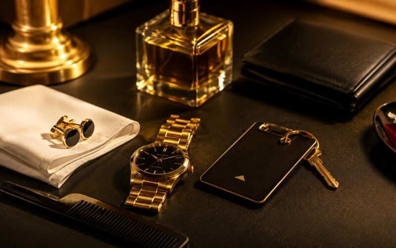 A gold wristwatch, cufflinks, wallet, cologne, comb, key with keycard, and a white handkerchief are arranged on a dark surface under warm lighting—reflecting the polished style and attention to escort etiquette Victoria BC is known for.