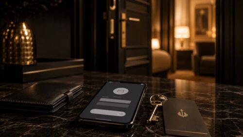 A smartphone, wallet, key, and hotel keycard—perhaps left as an escort deposit—are on a dark marble table in a dimly lit hotel room, with an open door revealing the bedroom beyond.
