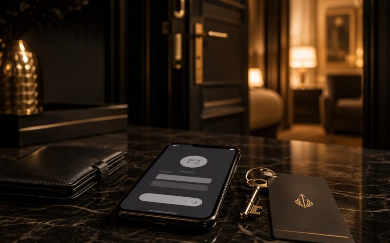 A smartphone, wallet, key, and hotel keycard—perhaps left as an escort deposit—are on a dark marble table in a dimly lit hotel room, with an open door revealing the bedroom beyond.