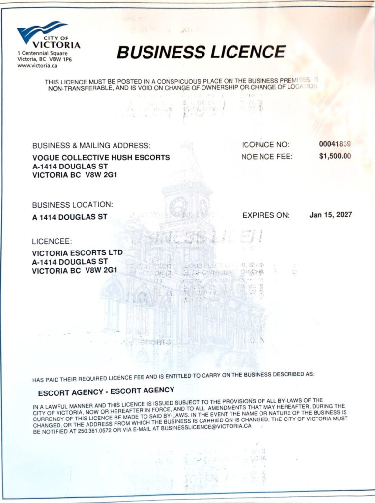 A fully licensed business licence from the City of Victoria for a legal escort agency at 1414 Douglas St, expiring Jan 15, 2024, with licence number 00041839 and a fee of $1,530.